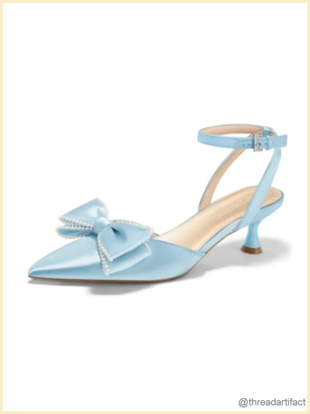 Satin Kitten Low Heels Bow Pearl Pointed Toe Pumps Ankle Strap Wedding Shoes